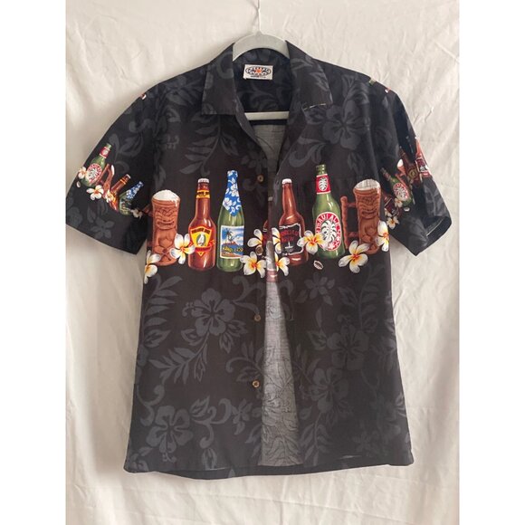 VTG Pacific Legend Hawaii SS Black Aloha Shirt Button Down Beer Bottle Floral M - Picture 2 of 16